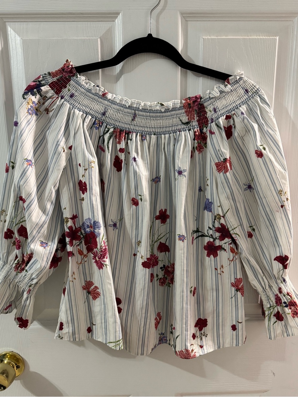 ⁠ZARA Woman Floral Striped Off Shoulder Smocked Top Sz L Cottagecore Boho